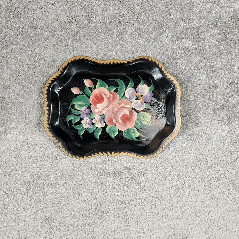Tray Black Floral Hand Painted Toleware Scalloped Small